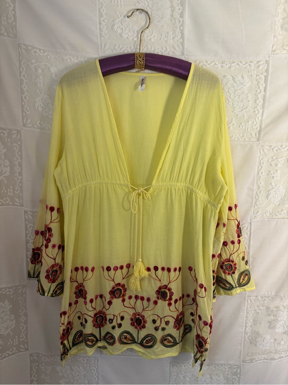 Yellow‎ Embroidered Beachy Boho Semi Sheer Mini Dress/Swim Cover Size L-XL